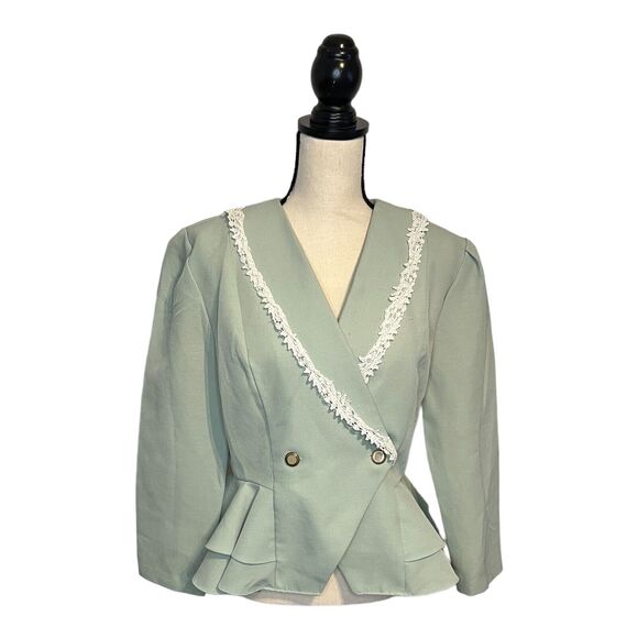 Vintage Reina Seafoam Green Size 12P Fitted Peplum Ruffle Blazer Lace 2 Button - Picture 2 of 6